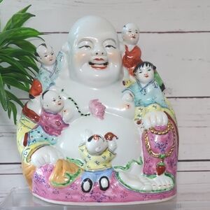 Colorful Large 9" Porcelain Vintage Laughing Buddha with Five Children‎ Figurine